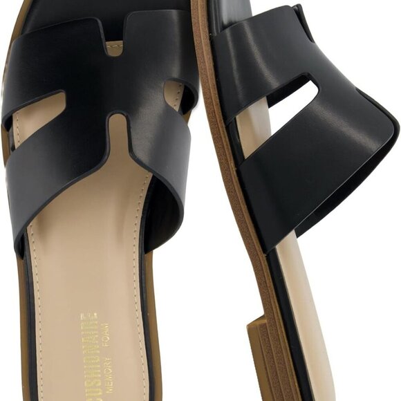 Cutout Strap Slides for Women Faux Leather Summer Flats Slip On Vacation Footwea
